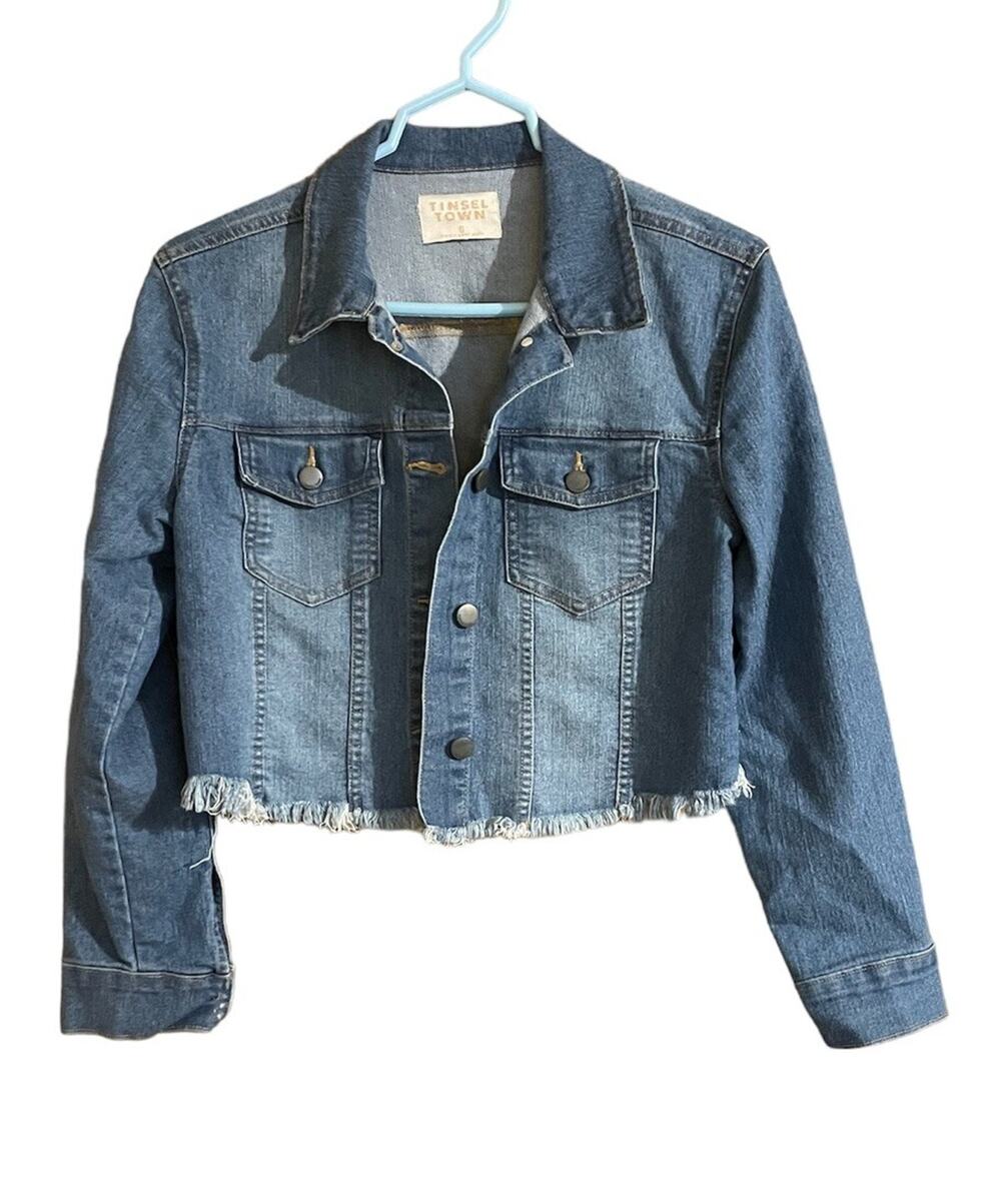 Tinsel Town Women’s Small Cropped Denim Jacket Distressed Blue Frayed Hem